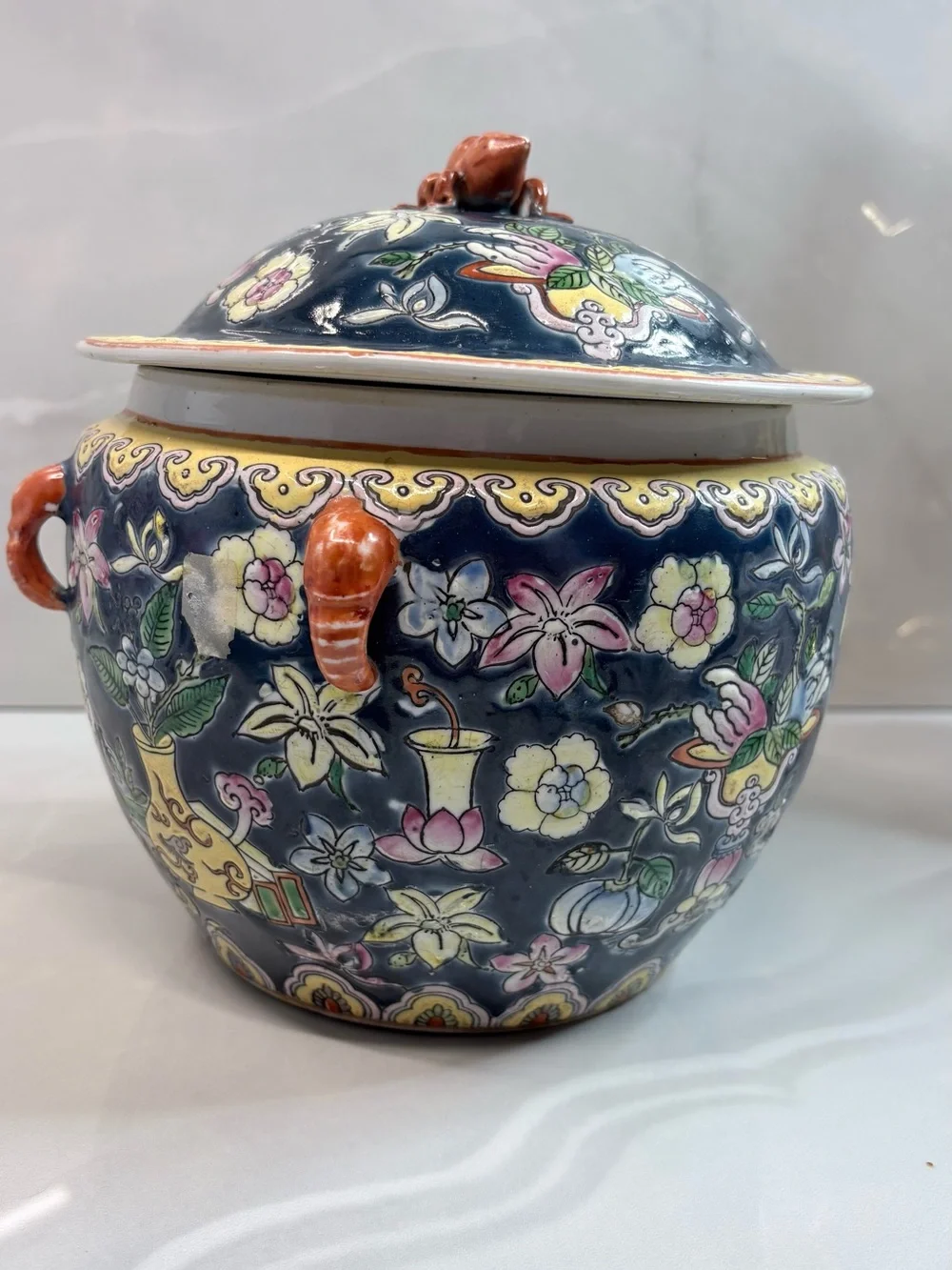 Vintage Chinoiserie Porcelain Ginger Jar Cobalt Blue Floral Lidded Jar